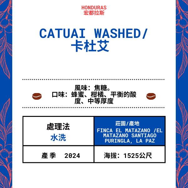 66-Catuai Washed「Finca El Matazano 莊園」宏都拉斯-El Matazano Santiago Puringla, La Paz  -2024 年- 卡杜艾Catuai  水洗 ----未稅價