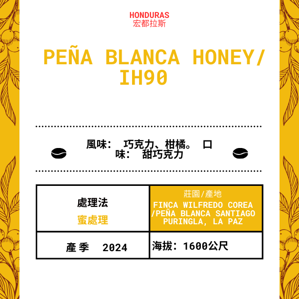 73-Peña Blanca Honey「Finca Wilfredo Corea莊園」宏都拉斯-Peña Blanca Santiago Puringla, La Paz -2024 年- IH90 蜜處理 ----未稅價